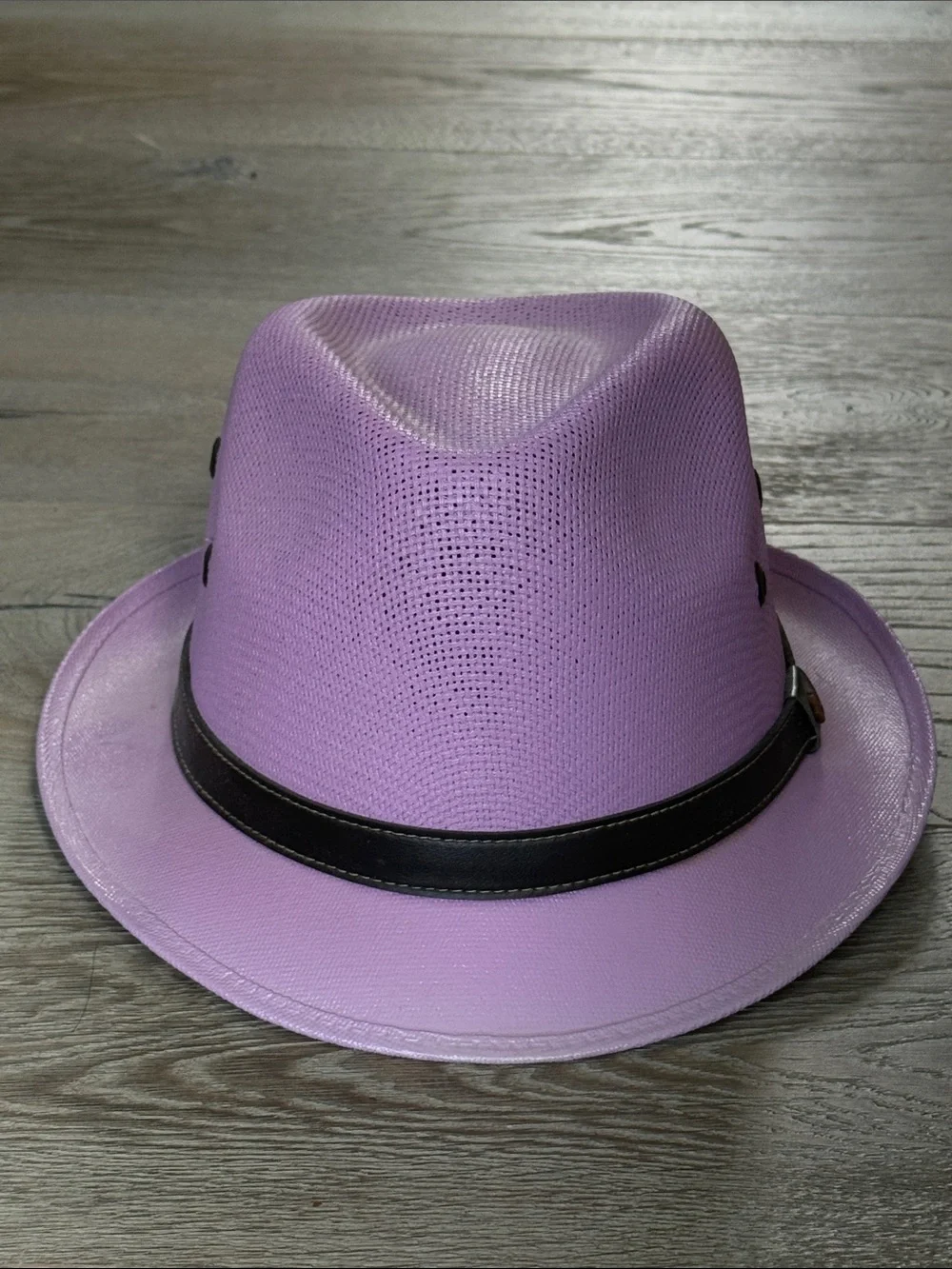 Greenlife Hats Lavender Fedora Hat Black Faux Leather Band Flower Embellishment